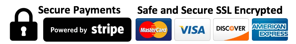 Secure payment, SSL encrypted. Powered by Stripe. Visa, Mastercard, Discover, American Express.